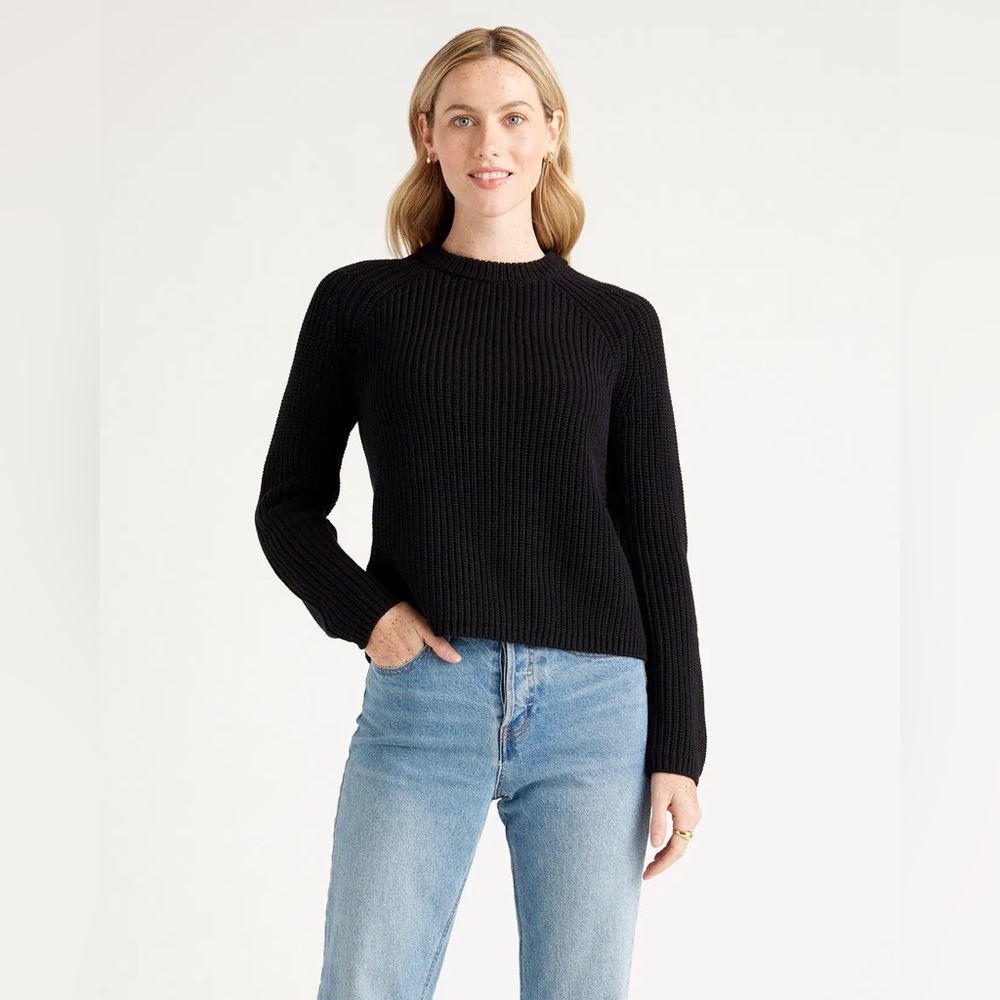 Quince Organic Cotton Fisherman Crew Sweater in Black size Large